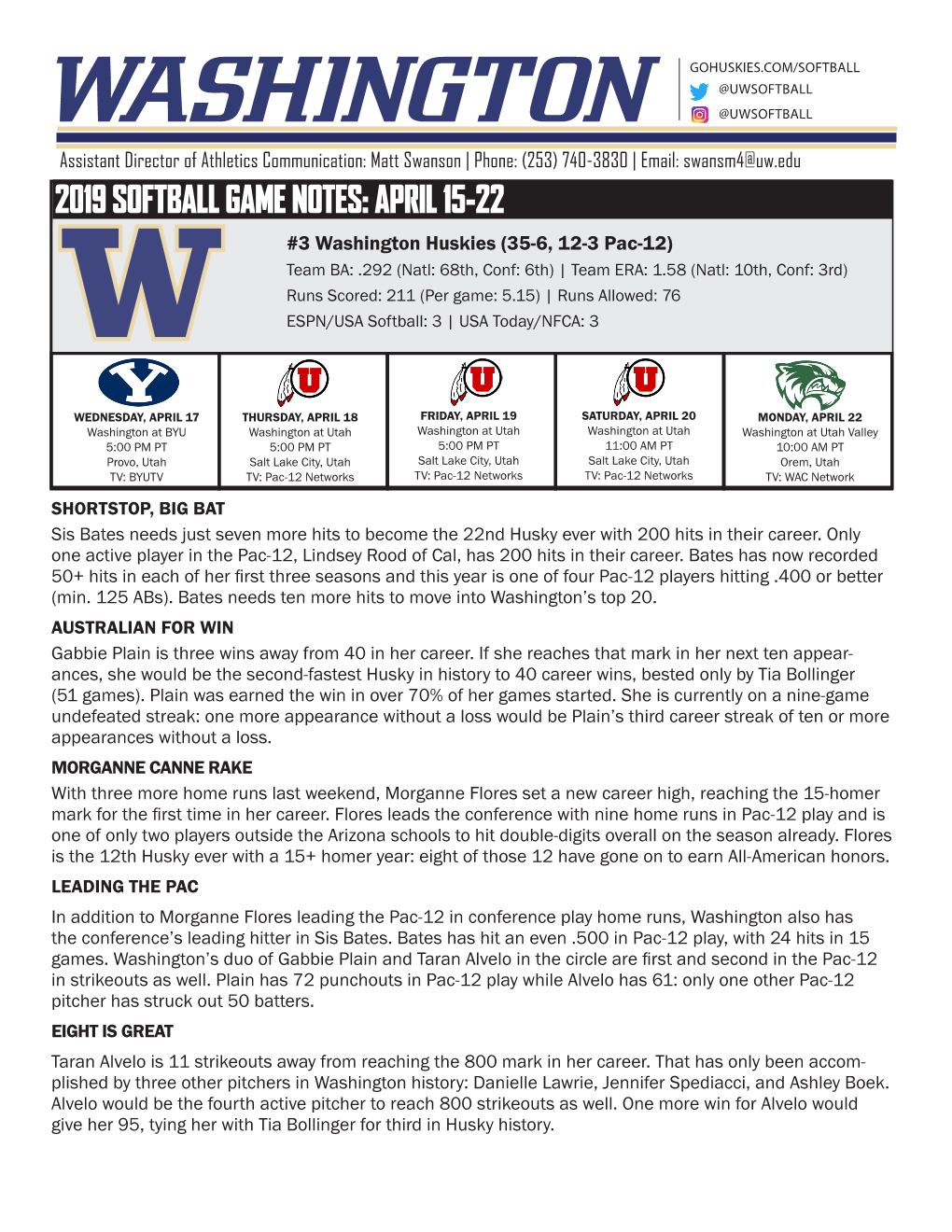 2019 Softball Game Notes: April 15-22