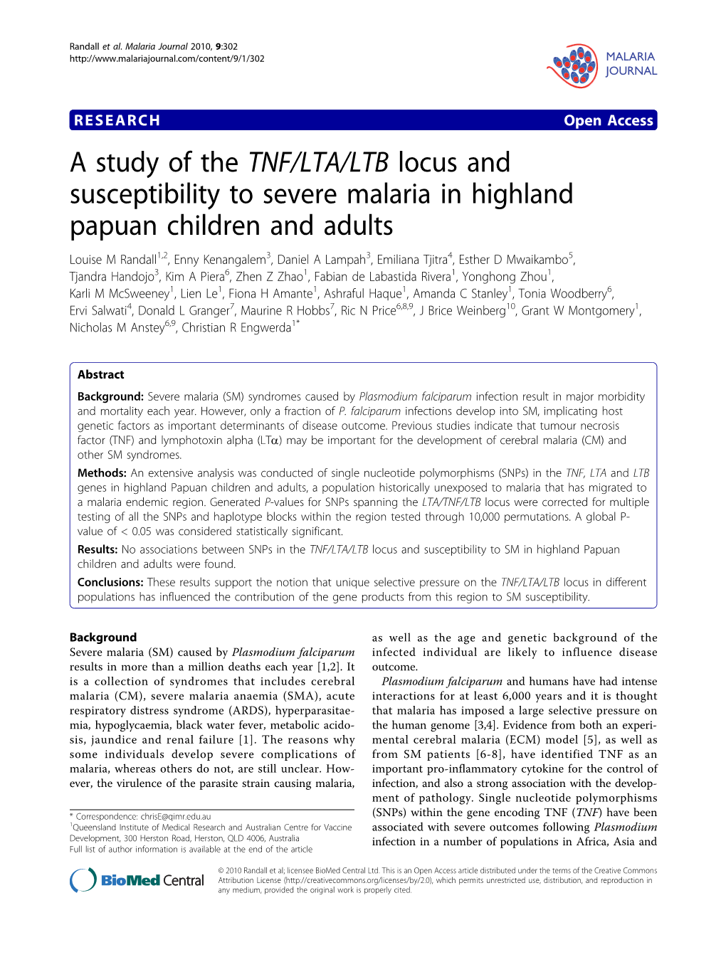 A Study of the TNF/LTA/LTB Locus and Susceptibility to Severe Malaria In