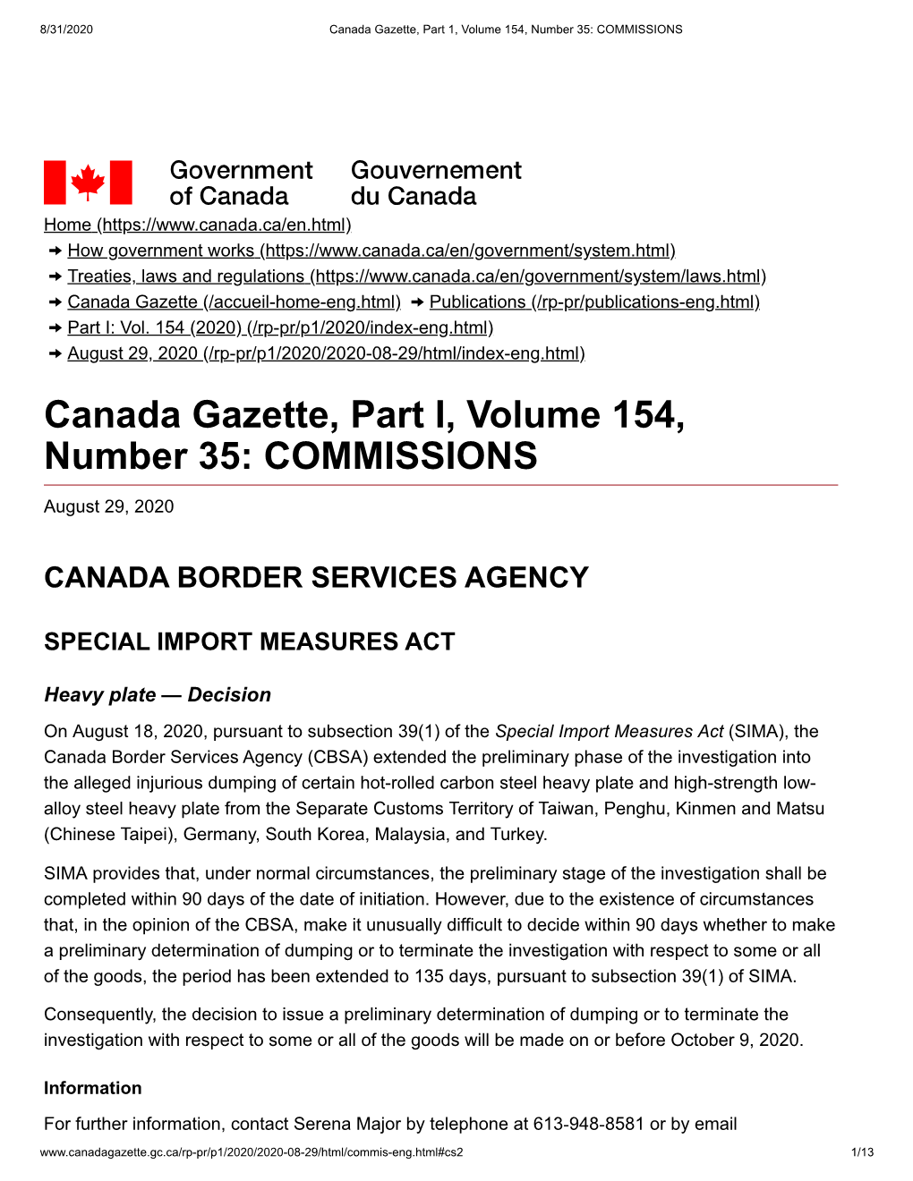 Canada Gazette, Part I, Volume 154, Number 35: COMMISSIONS
