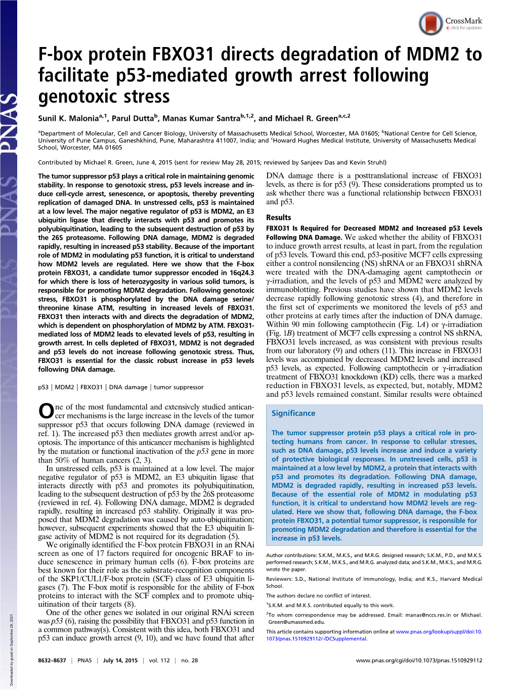 F-Box Protein FBXO31 Directs Degradation of MDM2 to Facilitate P53-Mediated Growth Arrest Following Genotoxic Stress