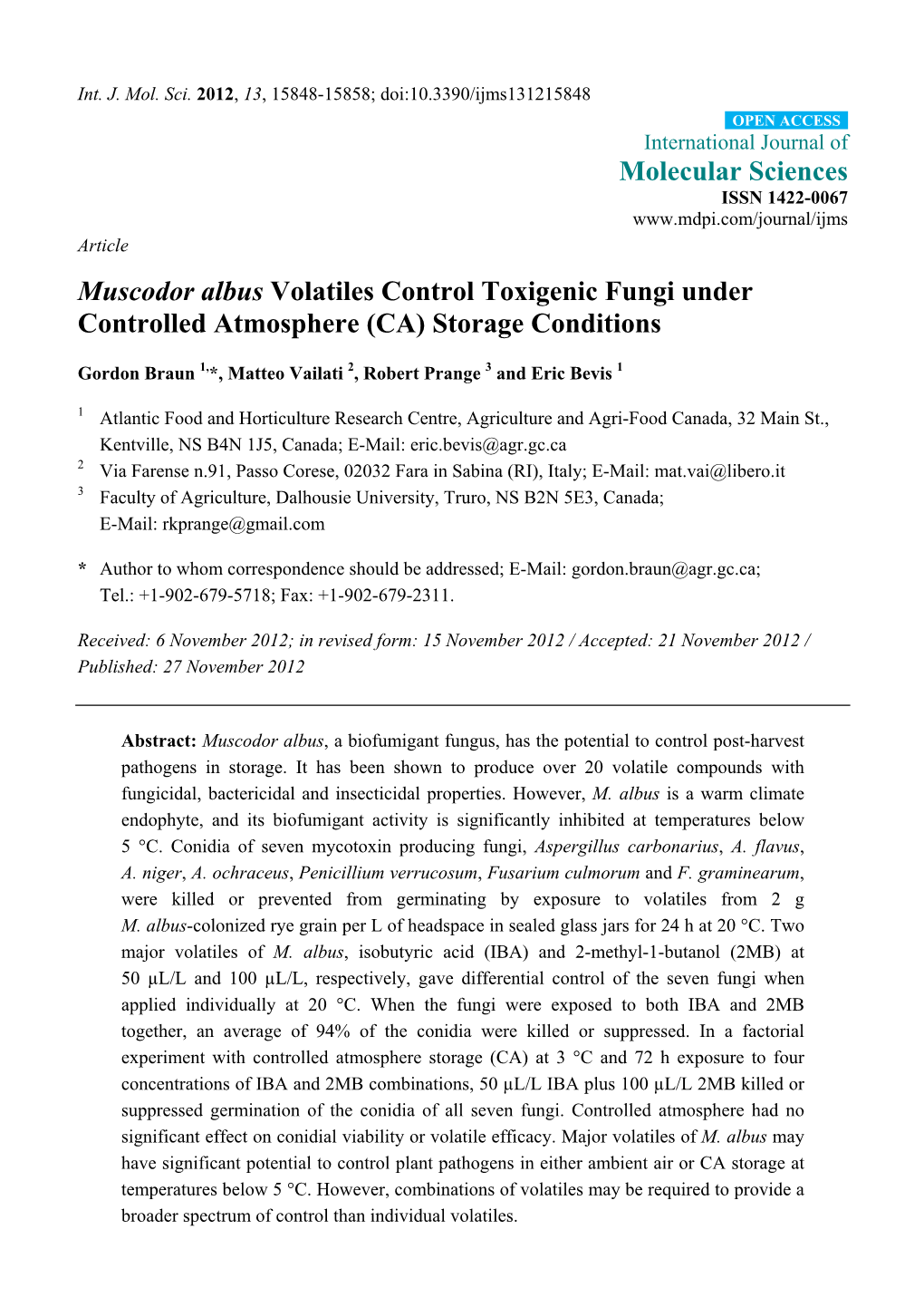 Muscodor Albus Volatiles Control Toxigenic Fungi Under Controlled Atmosphere (CA) Storage Conditions