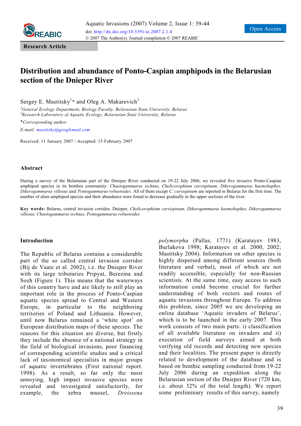 Distribution and Abundance of Ponto-Caspian Amphipods in the Belarusian Section of the Dnieper River