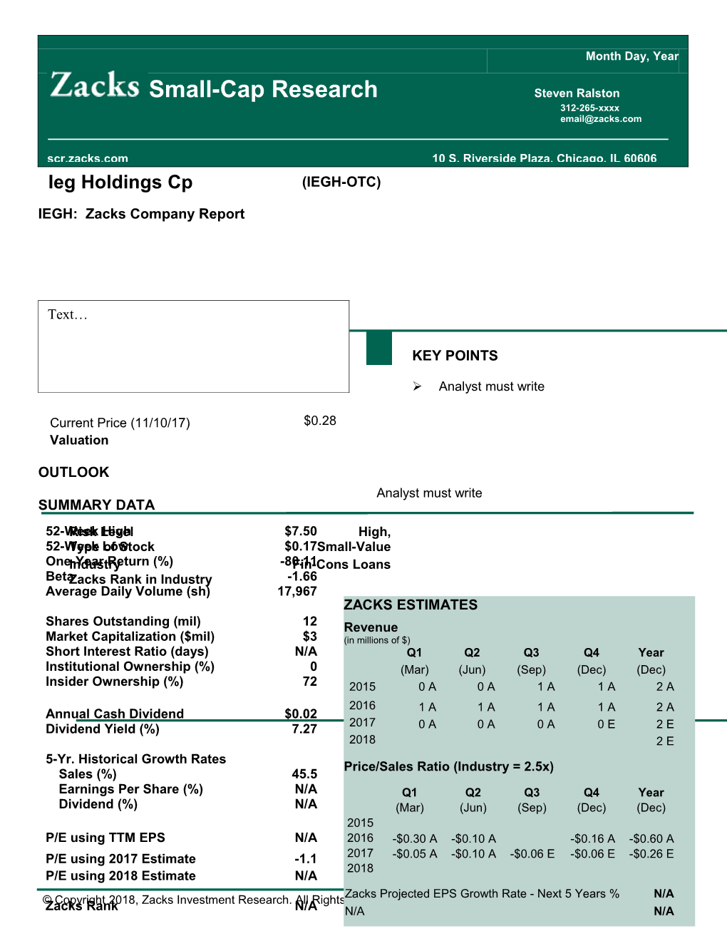 Ieg Holdings Cp / (IEGH-OTC) Current Price (11/10/17) / $0.28 Valuation OUTLOOK