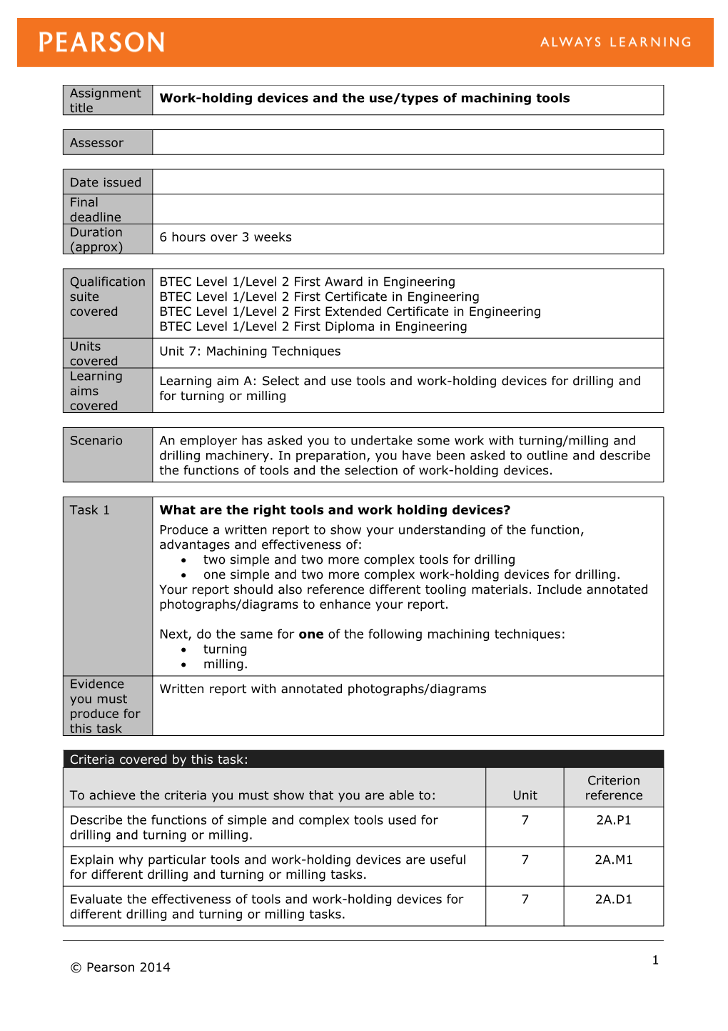 Unit 7: Machining Techniques - Authorised Assignment Brief for Learning Aim a (Version 2 Sep 14)