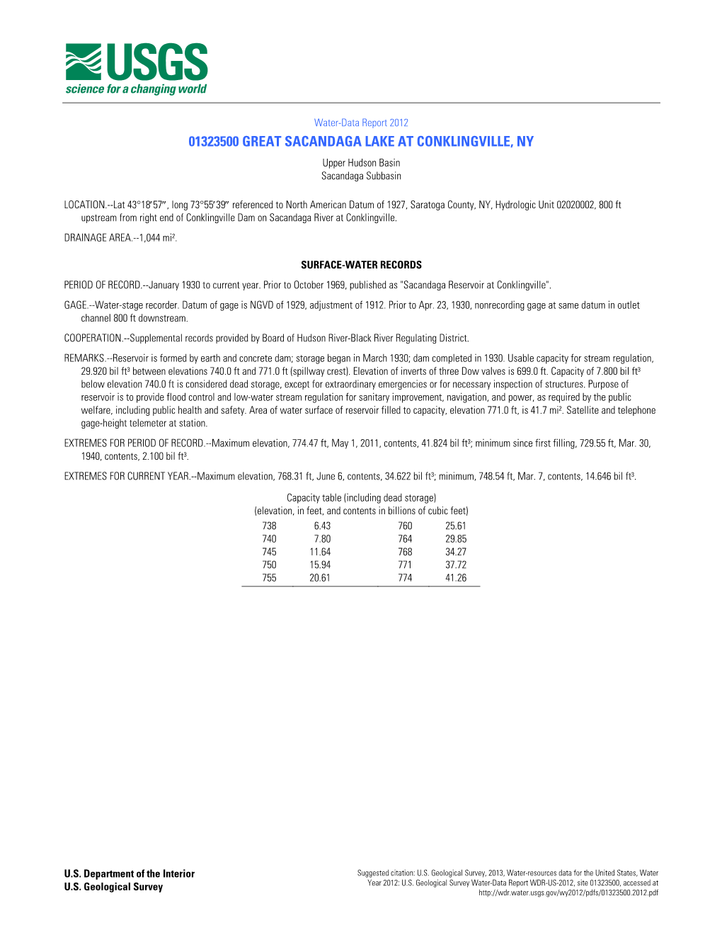 01323500 GREAT SACANDAGA LAKE at CONKLINGVILLE, NY Upper Hudson Basin Sacandaga Subbasin