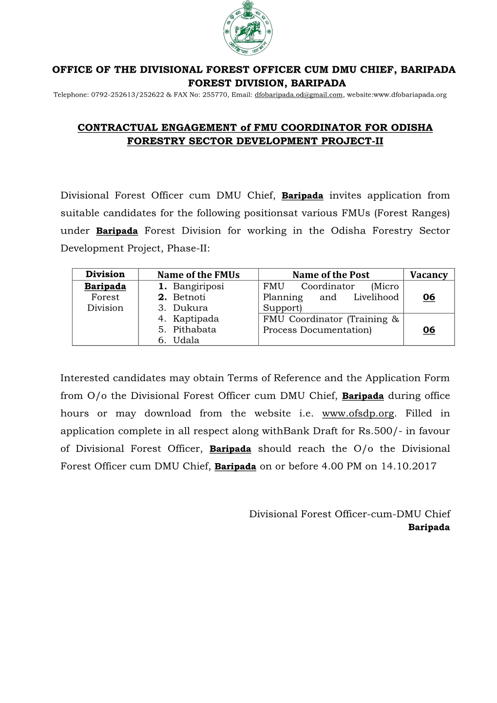 OFFICE of the DIVISIONAL FOREST OFFICER CUM DMU CHIEF, BARIPADA FOREST DIVISION, BARIPADA CONTRACTUAL ENGAGEMENT of FMU COORDINA