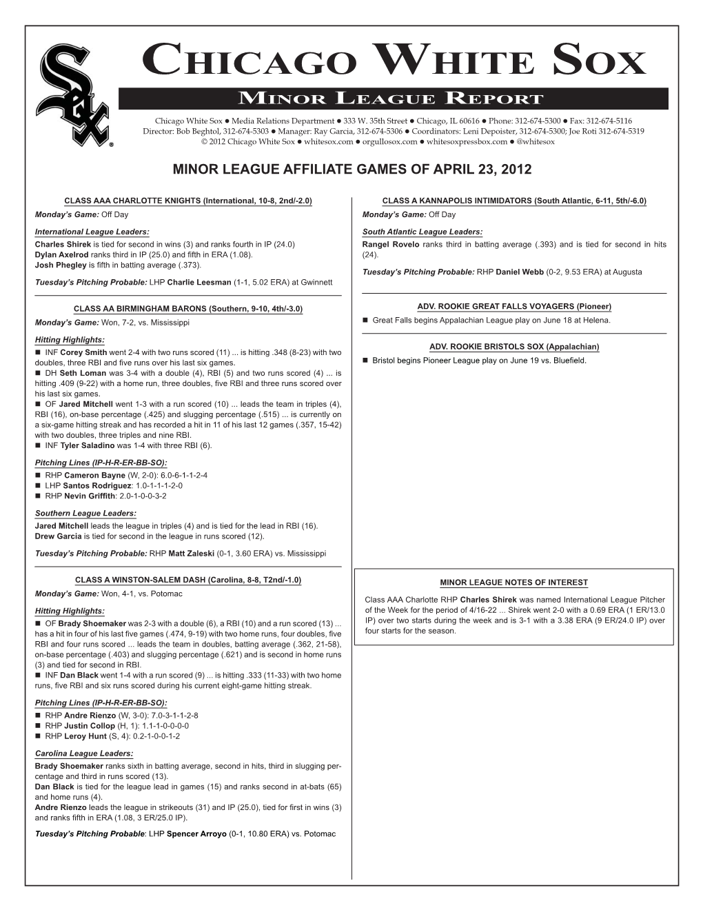 04-24-2012 White Sox Minor League Report