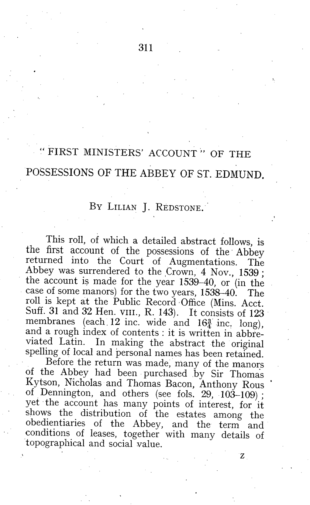 311 " FIRST MINISTERS' ACCOUNT" of the Abbey