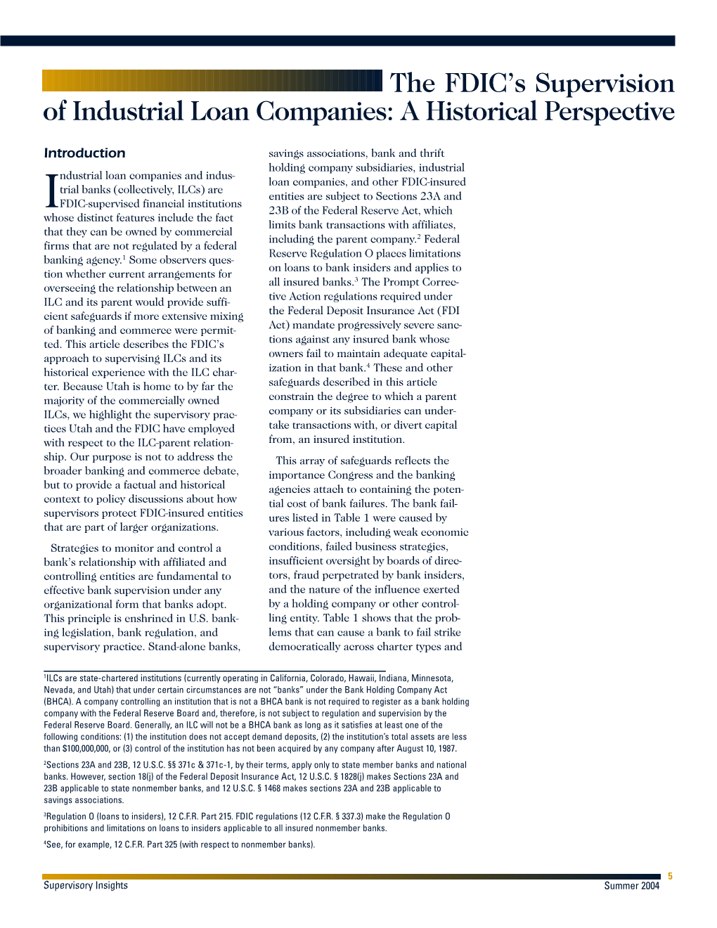 The FDIC's Supervision of Industrial Loan Companies