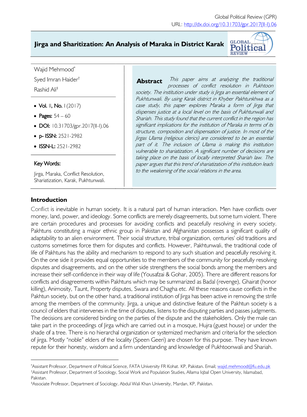 Jirga and Sharitization: an Analysis of Maraka in District Karak Abstract