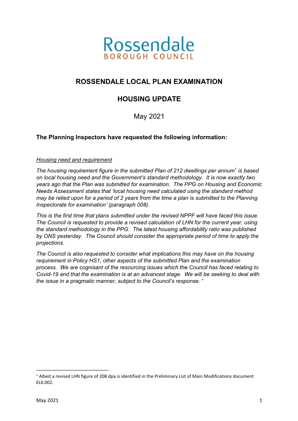 Rossendale Local Plan Examination Housing Update