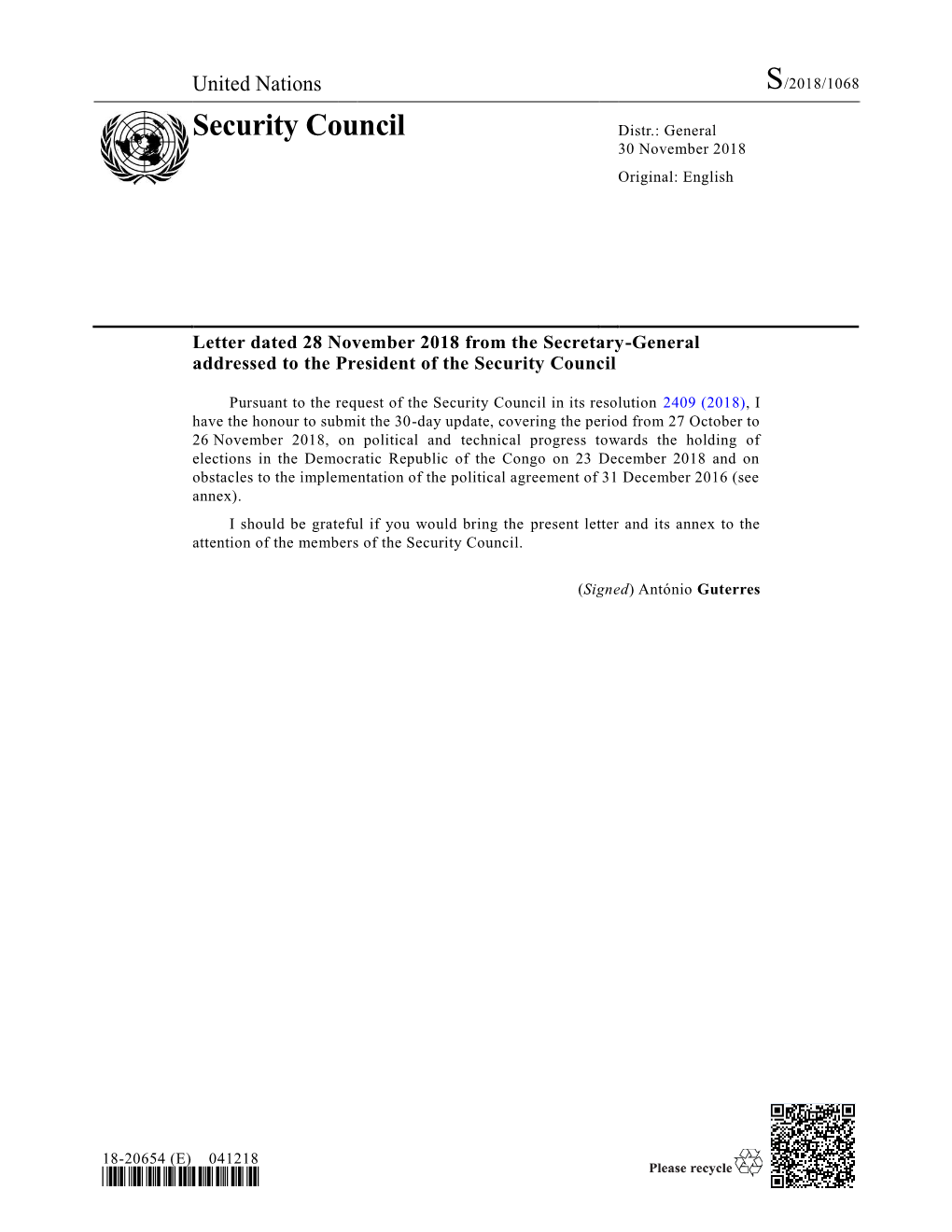 Security Council Distr.: General 30 November 2018