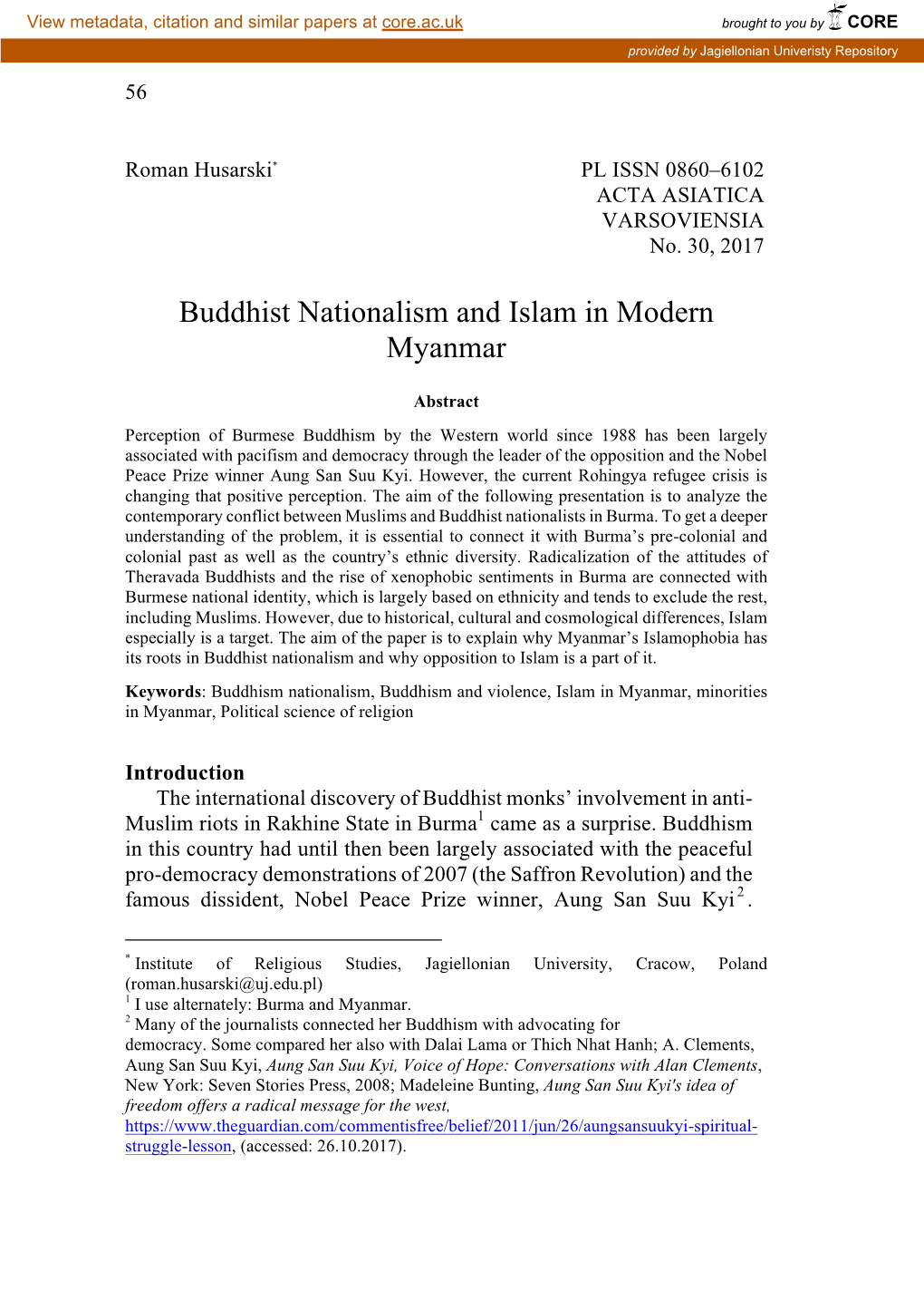 Buddhist Nationalism and Islam in Modern Myanmar
