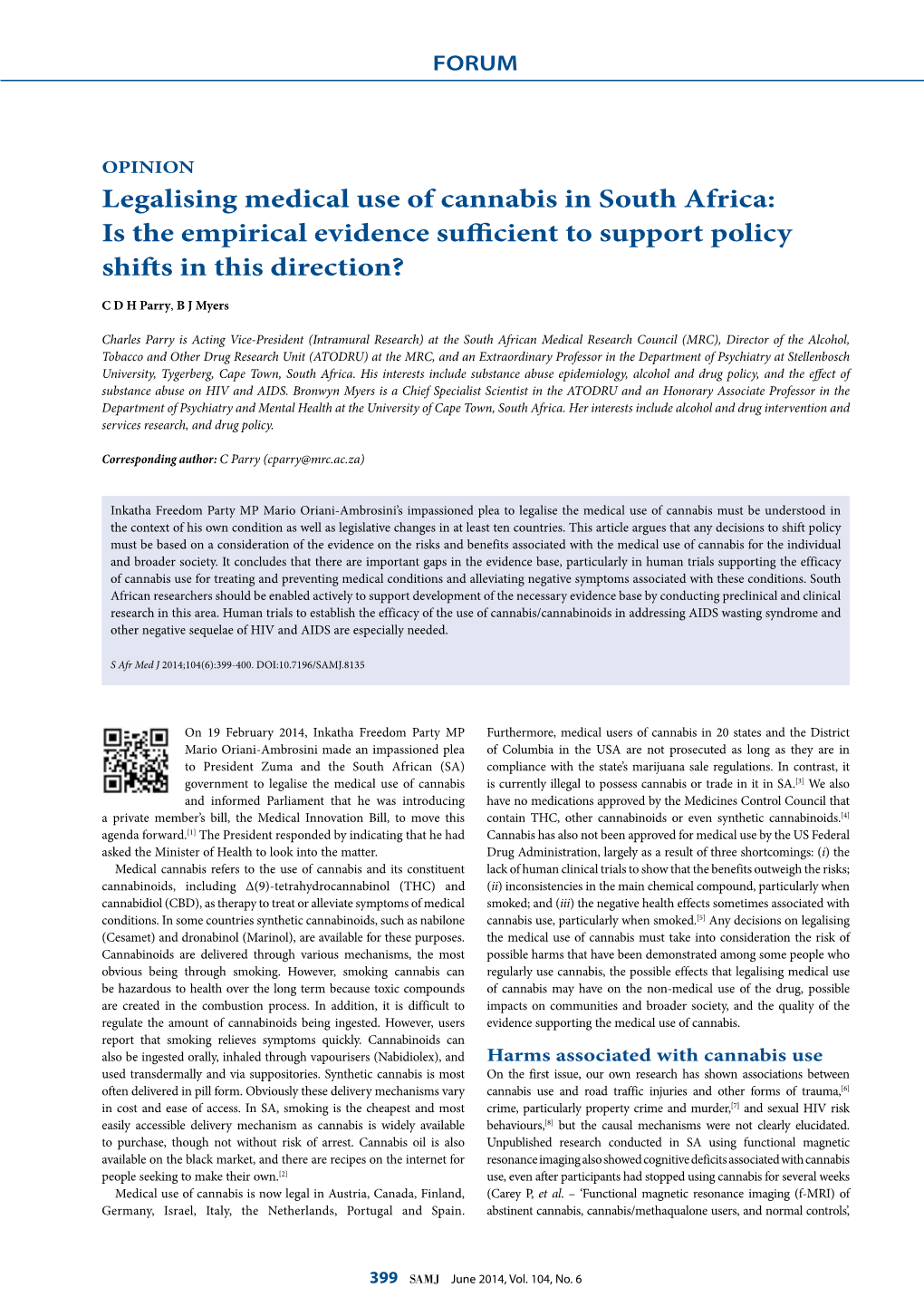 Legalising Medical Use of Cannabis in South Africa: Is the Empirical Evidence Sufficient to Support Policy Shifts in This Direction?