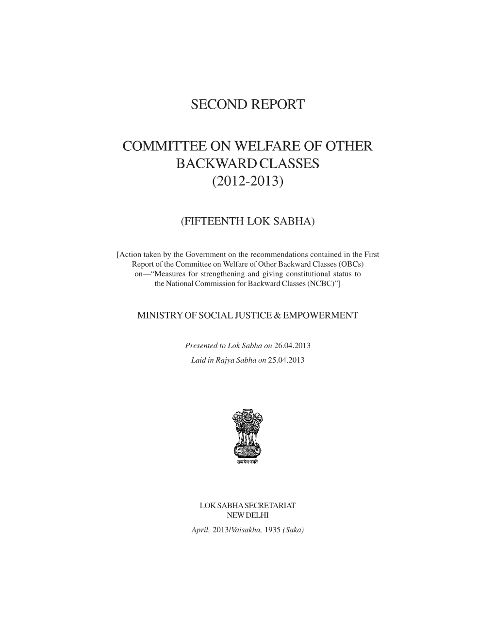 Second Report Committee on Welfare of Other Backward