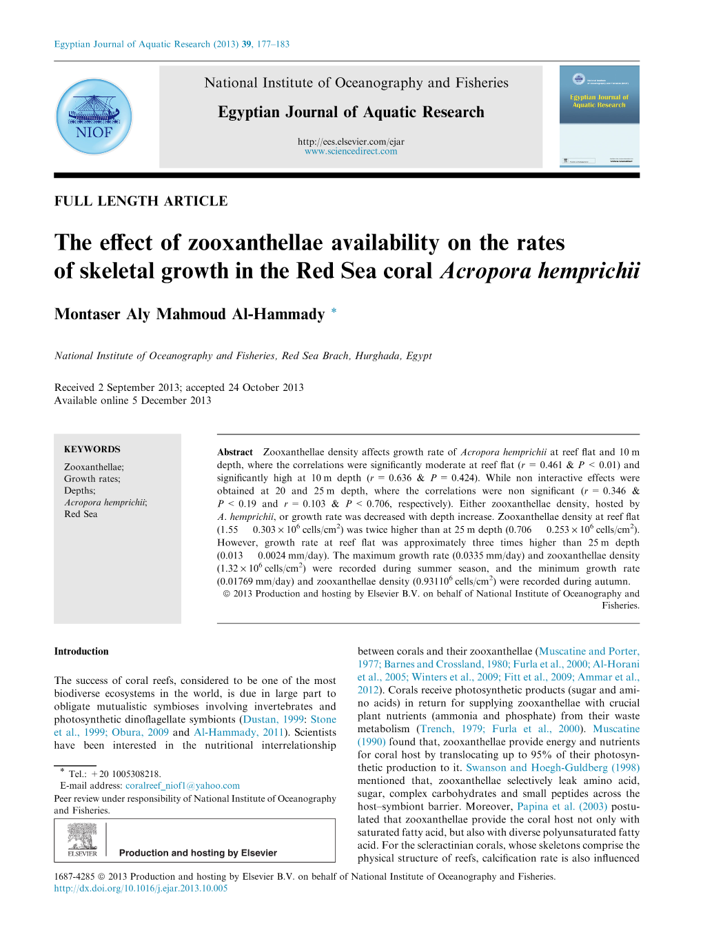 The Effect of Zooxanthellae Availability on the Rates of Skeletal Growth in the Red Sea Coral Acropora Hemprichii 179