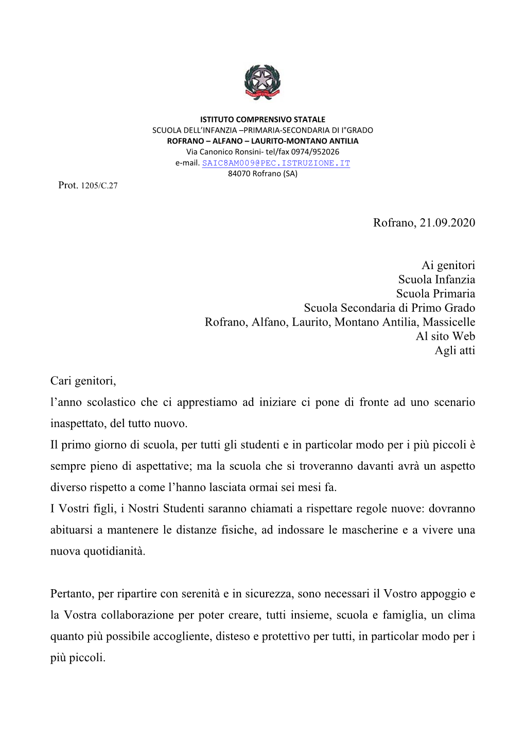 Rofrano, 21.09.2020 Ai Genitori Scuola Infanzia Scuola Primaria