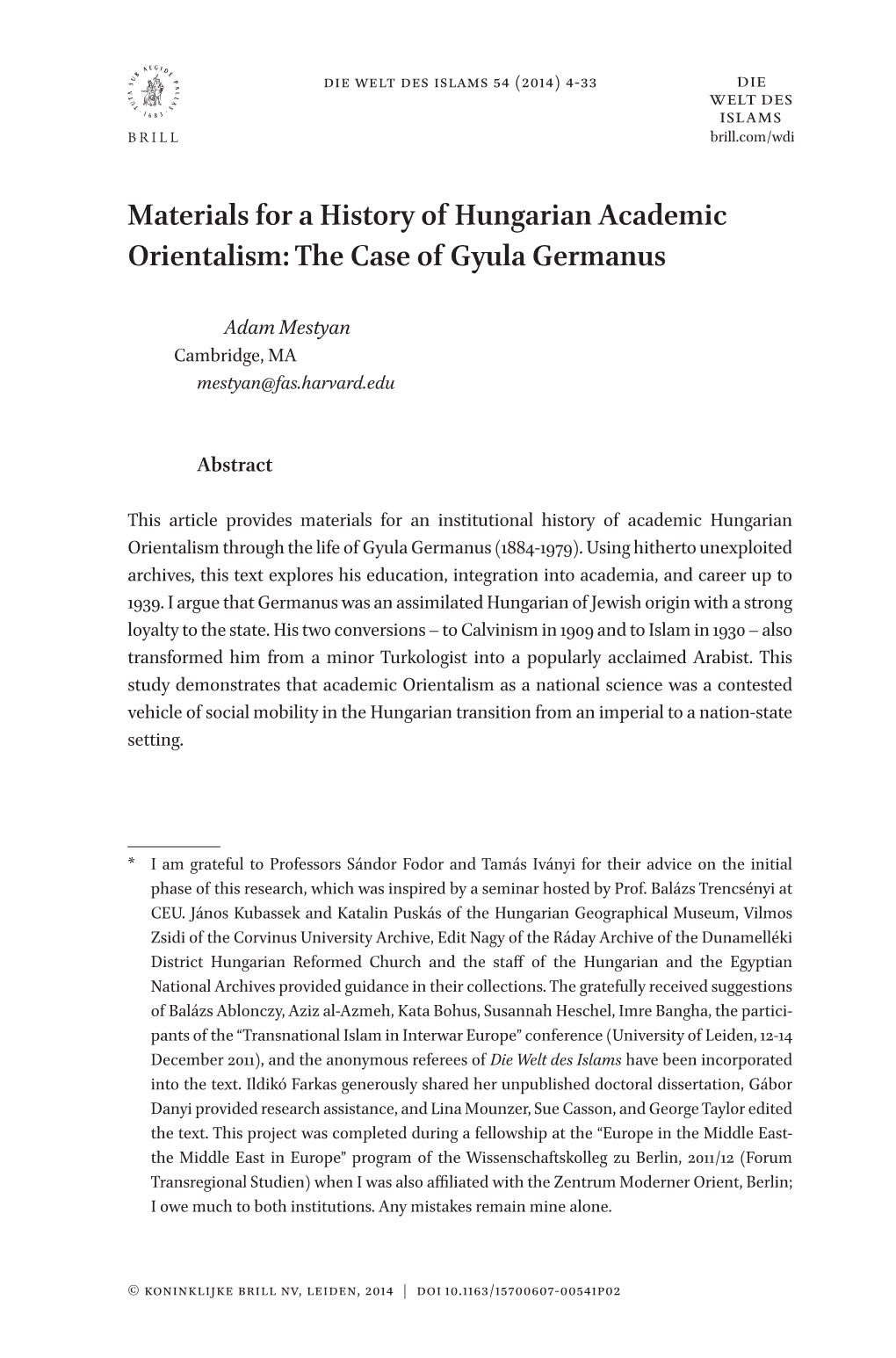 Materials for a History of Hungarian Academic Orientalism: the Case of Gyula Germanus