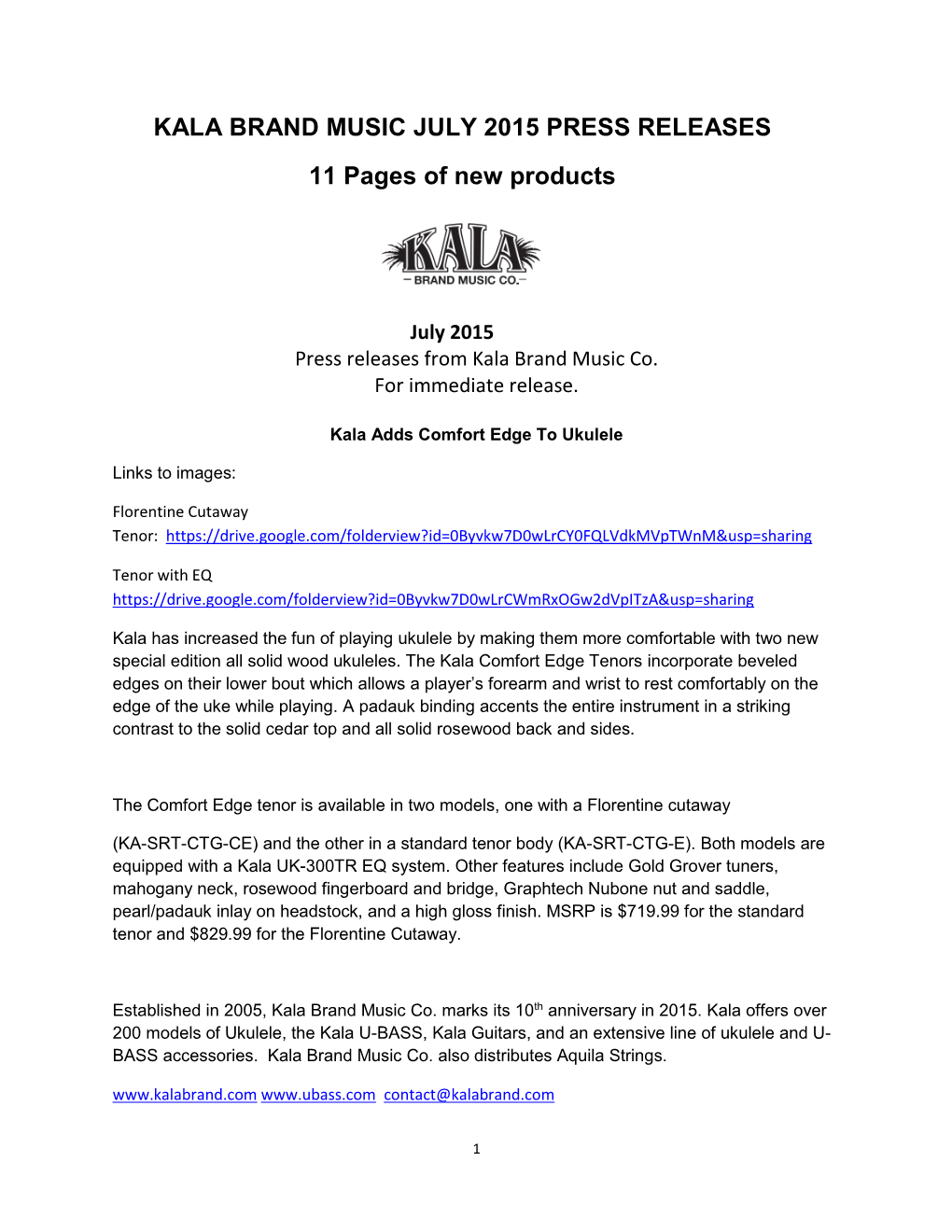 KALA BRAND MUSIC JULY 2015 PRESS RELEASES 11 Pages of New Products