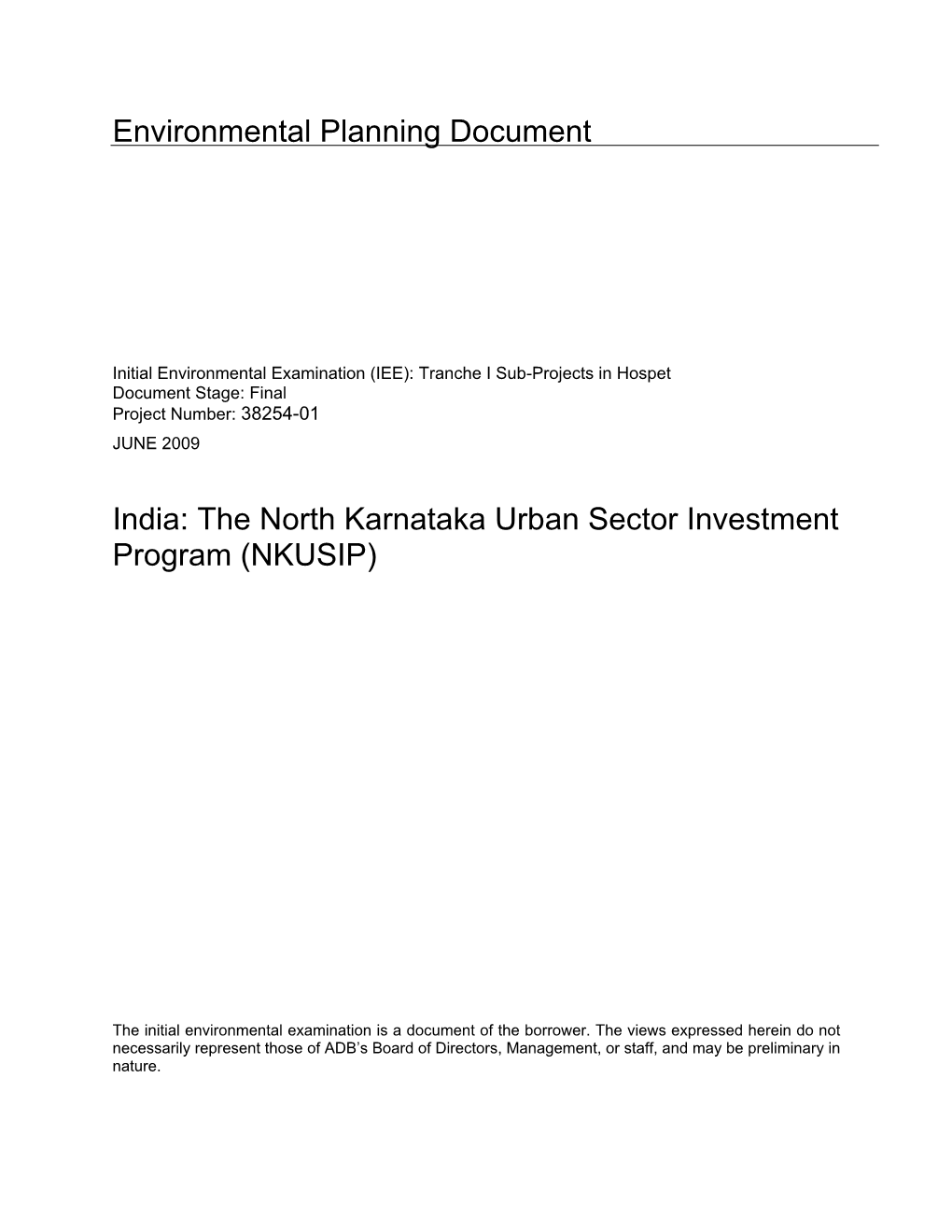 IEE: India: Hospet Town, North Karnataka Urban Sector Investment Program