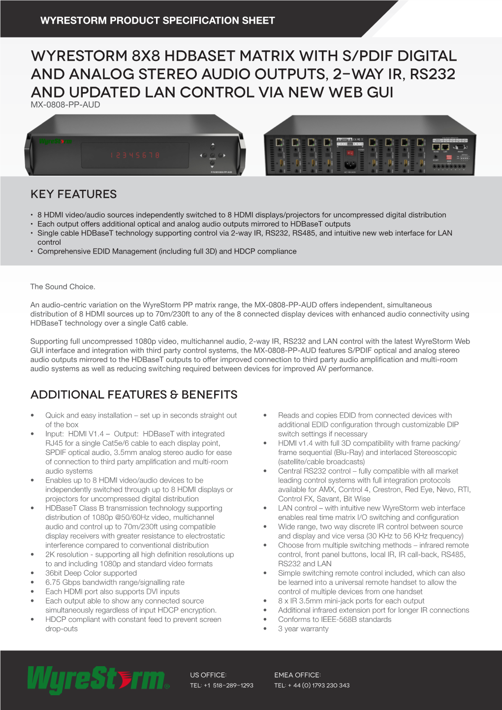 Wyrestorm 8X8 Hdbaset Matrix with S/PDIF Digital and Analog Stereo Audio Outputs, 2-Way IR, RS232 and Updated LAN Control Via New Web GUI MX-0808-PP-AUD