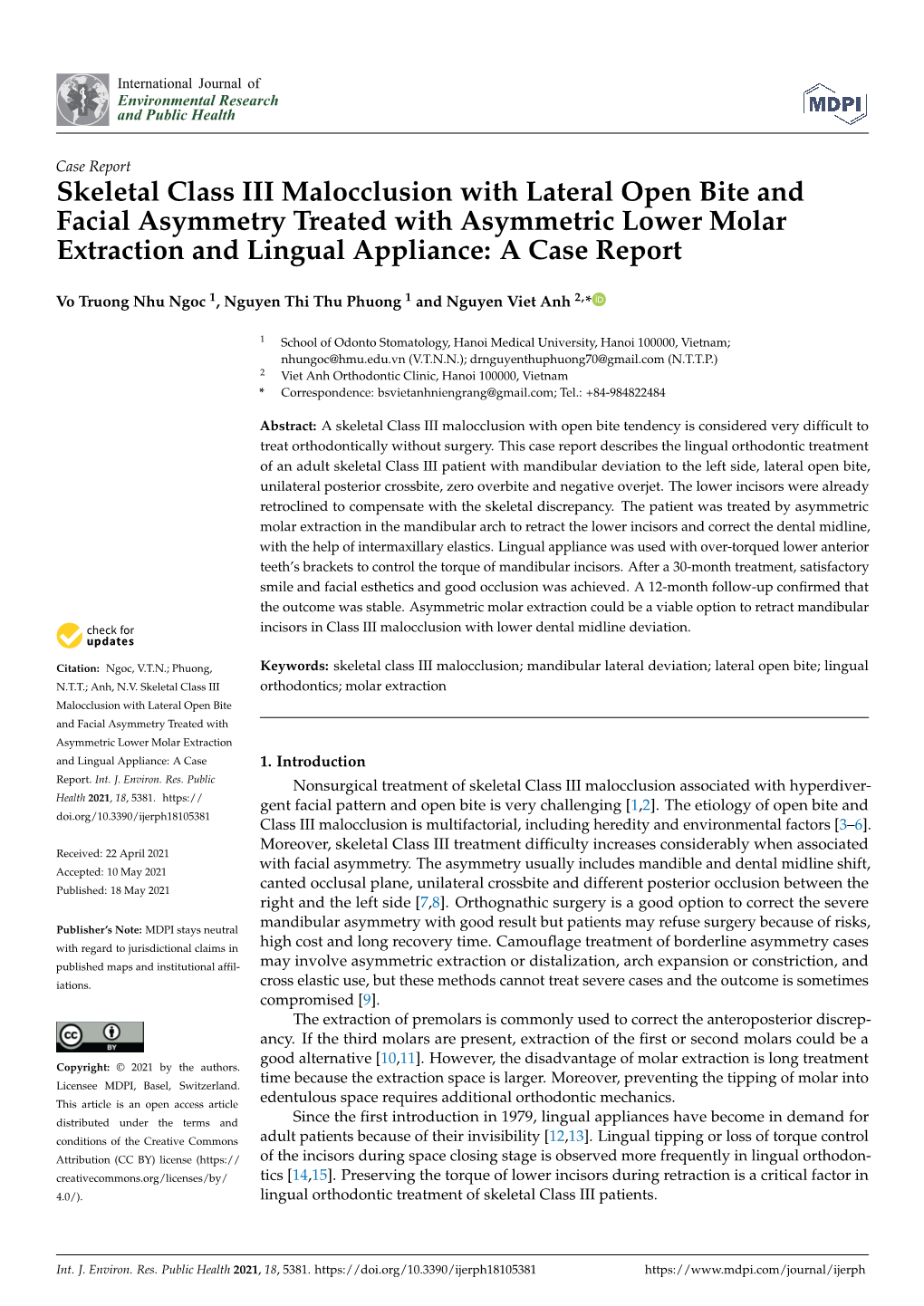 Skeletal Class III Malocclusion with Lateral Open Bite and Facial Asymmetry Treated with Asymmetric Lower Molar Extraction and Lingual Appliance: a Case Report