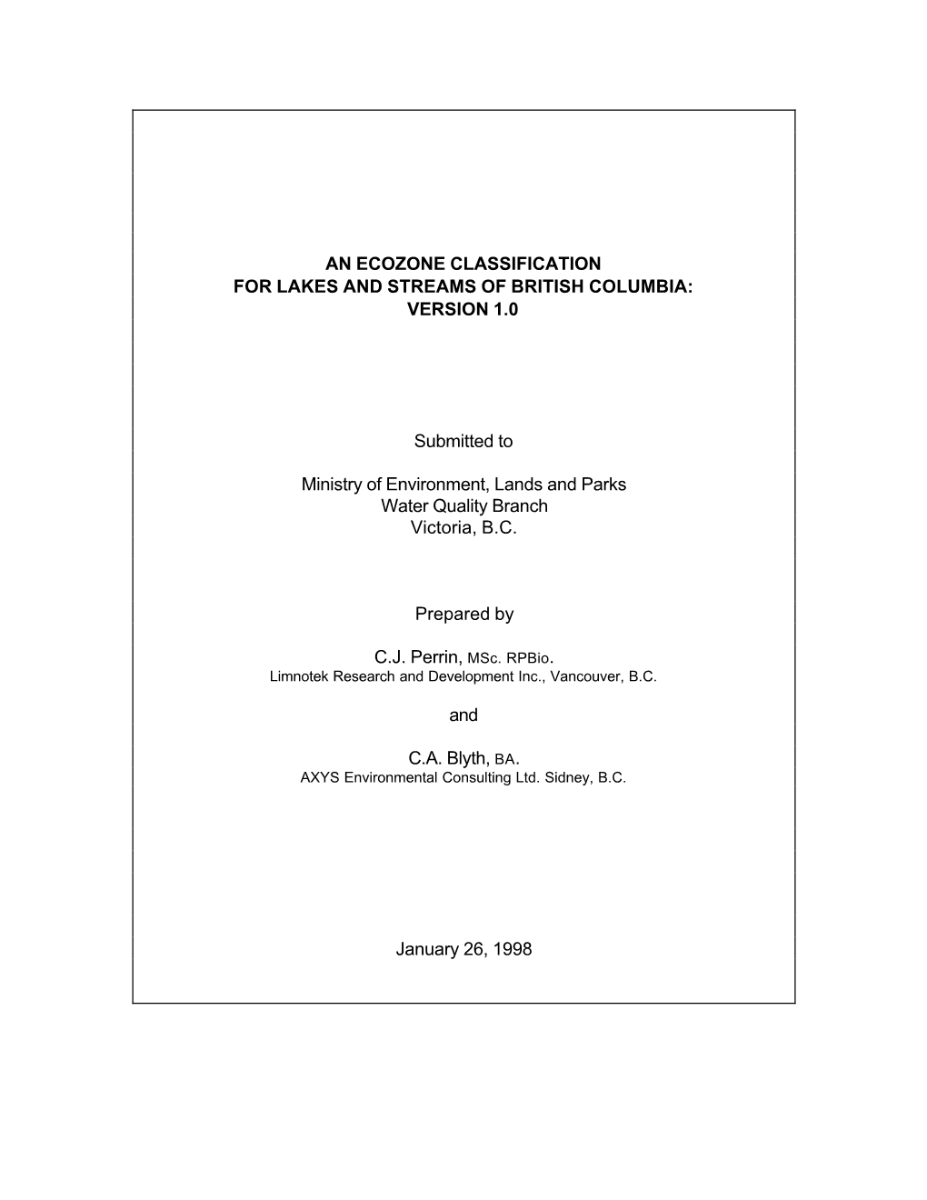 An Ecozone Classification for Lakes and Streams of British Columbia: Version 1.0