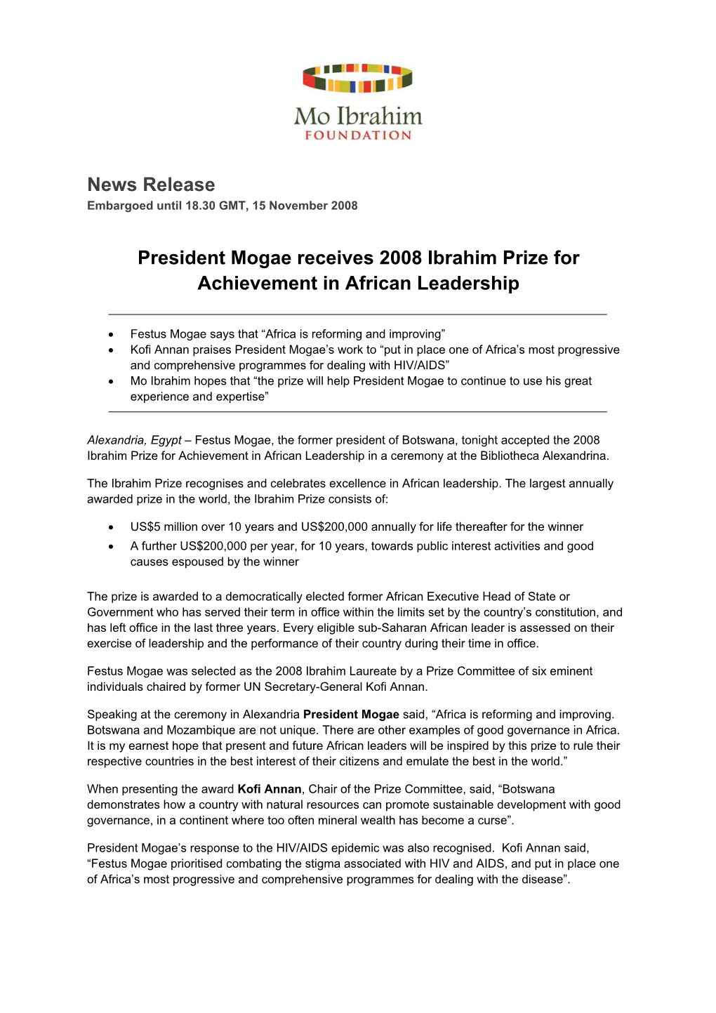 News Release Embargoed Until 18.30 GMT, 15 November 2008