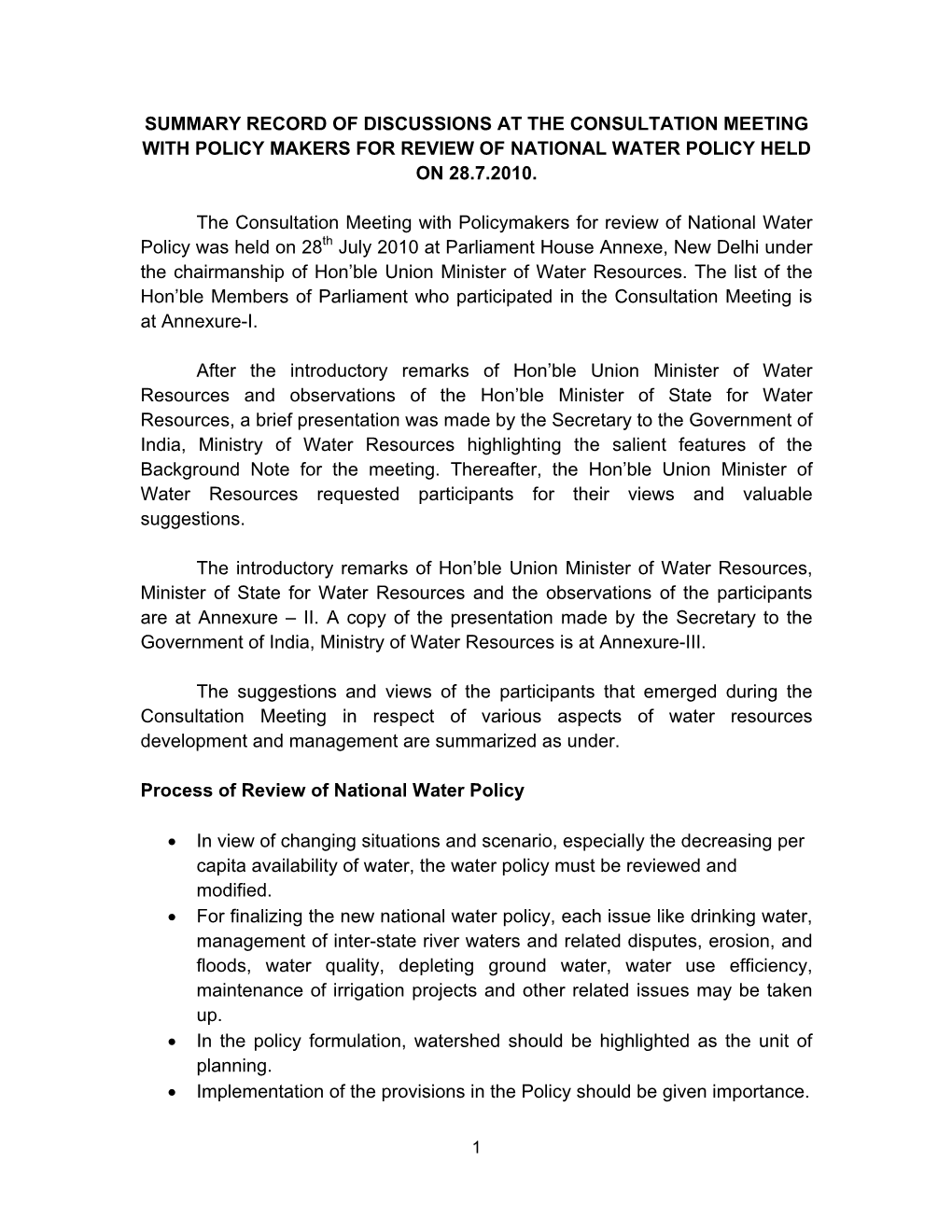 Summary Record of Discussions at the Consultation Meeting with Policy Makers for Review of National Water Policy Held on 28.7.2010