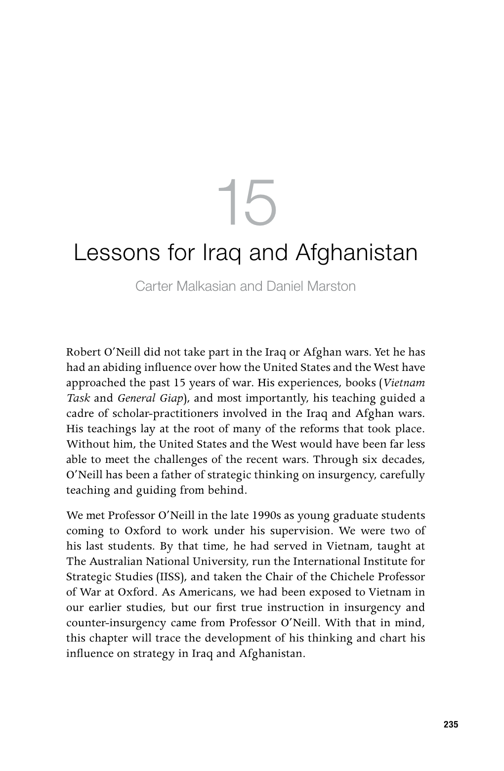 Lessons for Iraq and Afghanistan Carter Malkasian and Daniel Marston