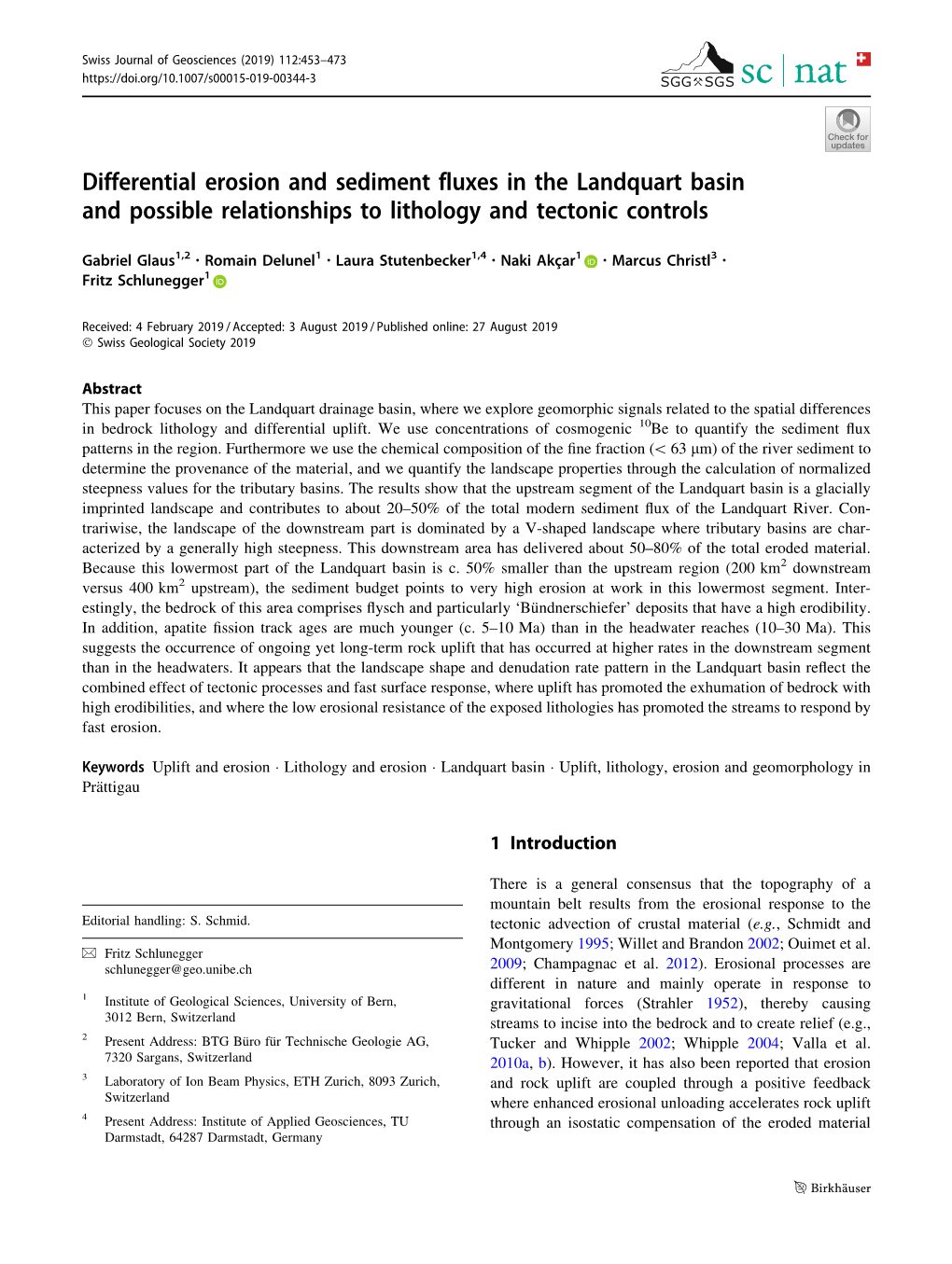 Differential Erosion and Sediment Fluxes in the Landquart Basin and Possible Relationships to Lithology and Tectonic Controls