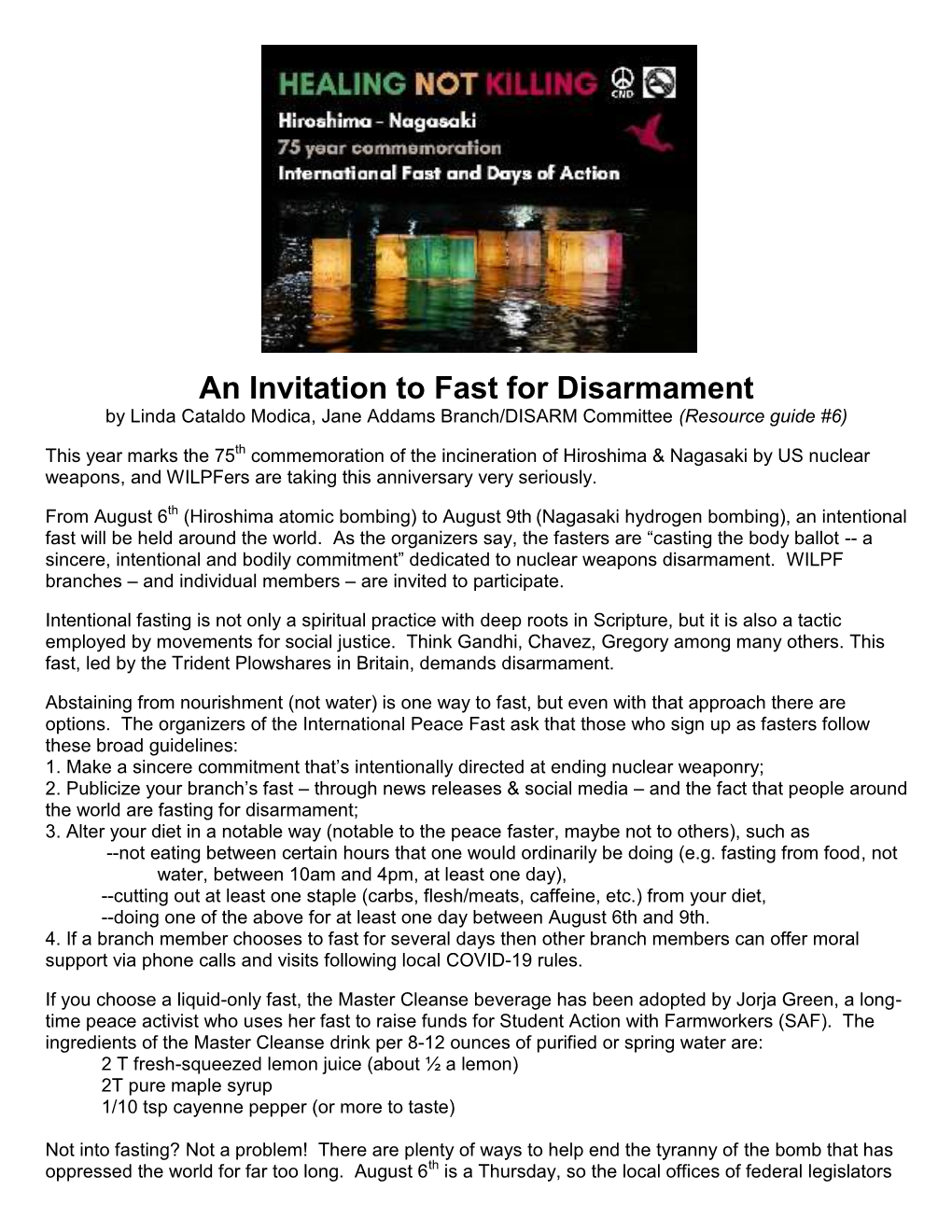 An Invitation to Fast for Disarmament by Linda Cataldo Modica, Jane Addams Branch/DISARM Committee (Resource Guide #6)