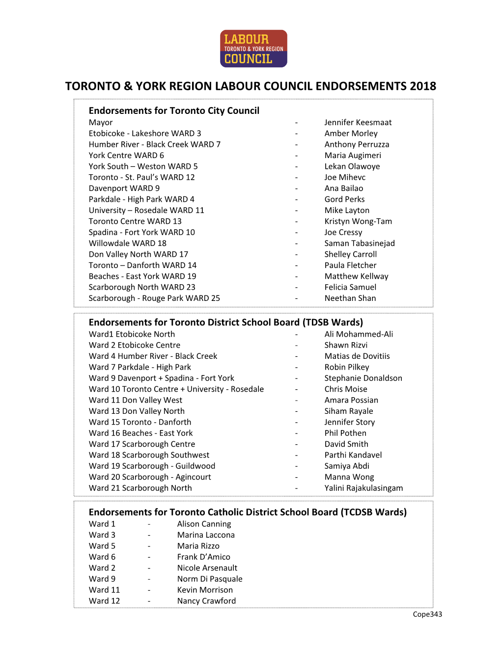 Toronto & York Region Labour Council Endorsements 2018