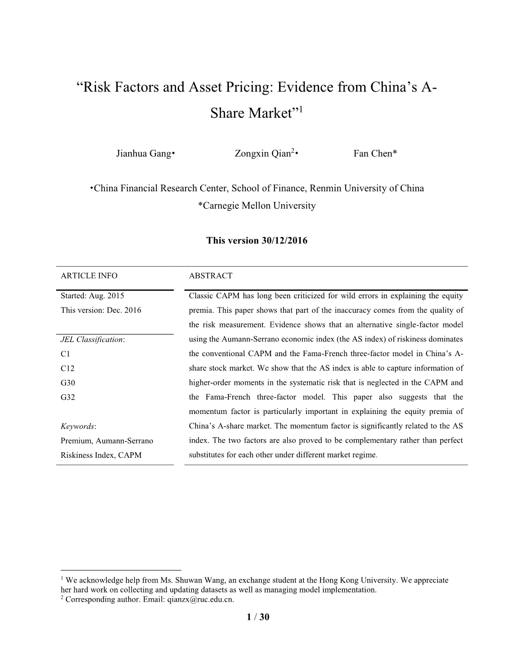 Risk Factors and Asset Pricing: Evidence from China’S A- Share Market”1