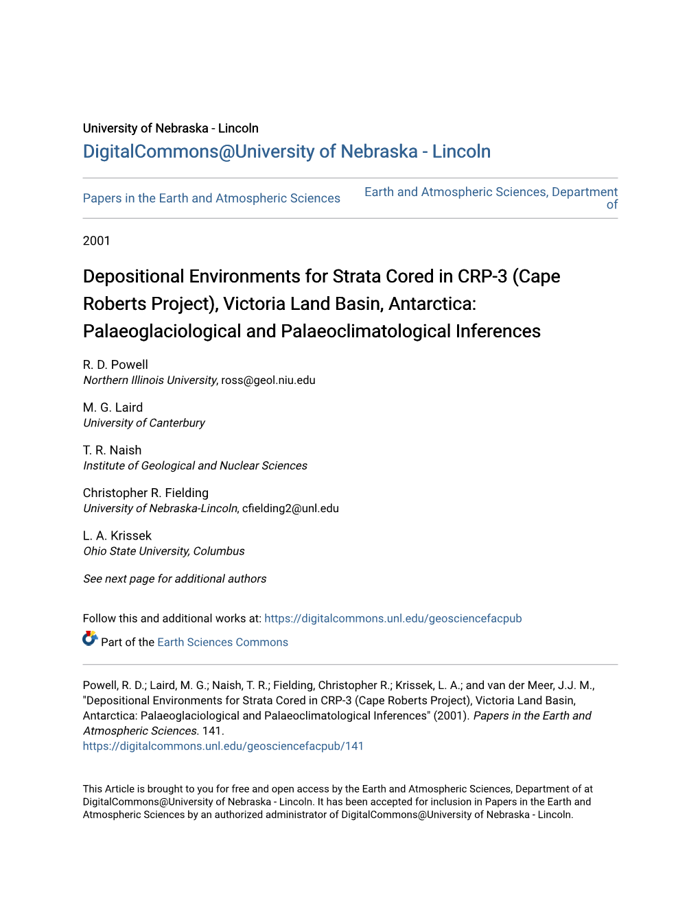 Cape Roberts Project), Victoria Land Basin, Antarctica: Palaeoglaciological and Palaeoclimatological Inferences