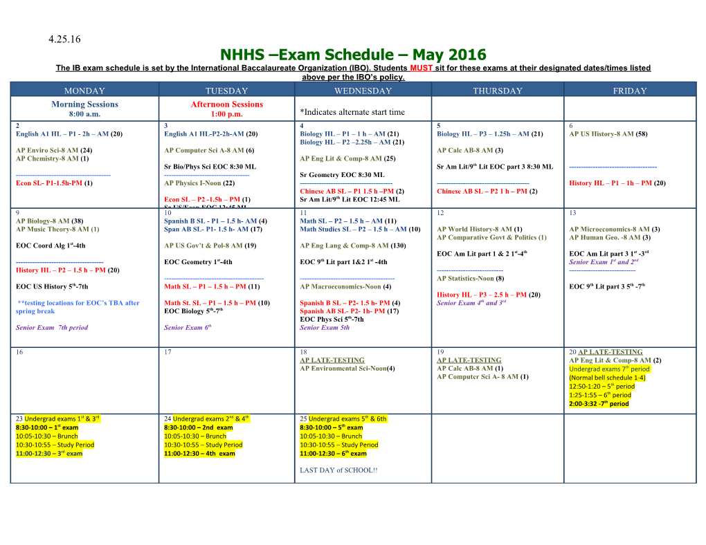 Johnson High School IB Exam Schedule May 2011