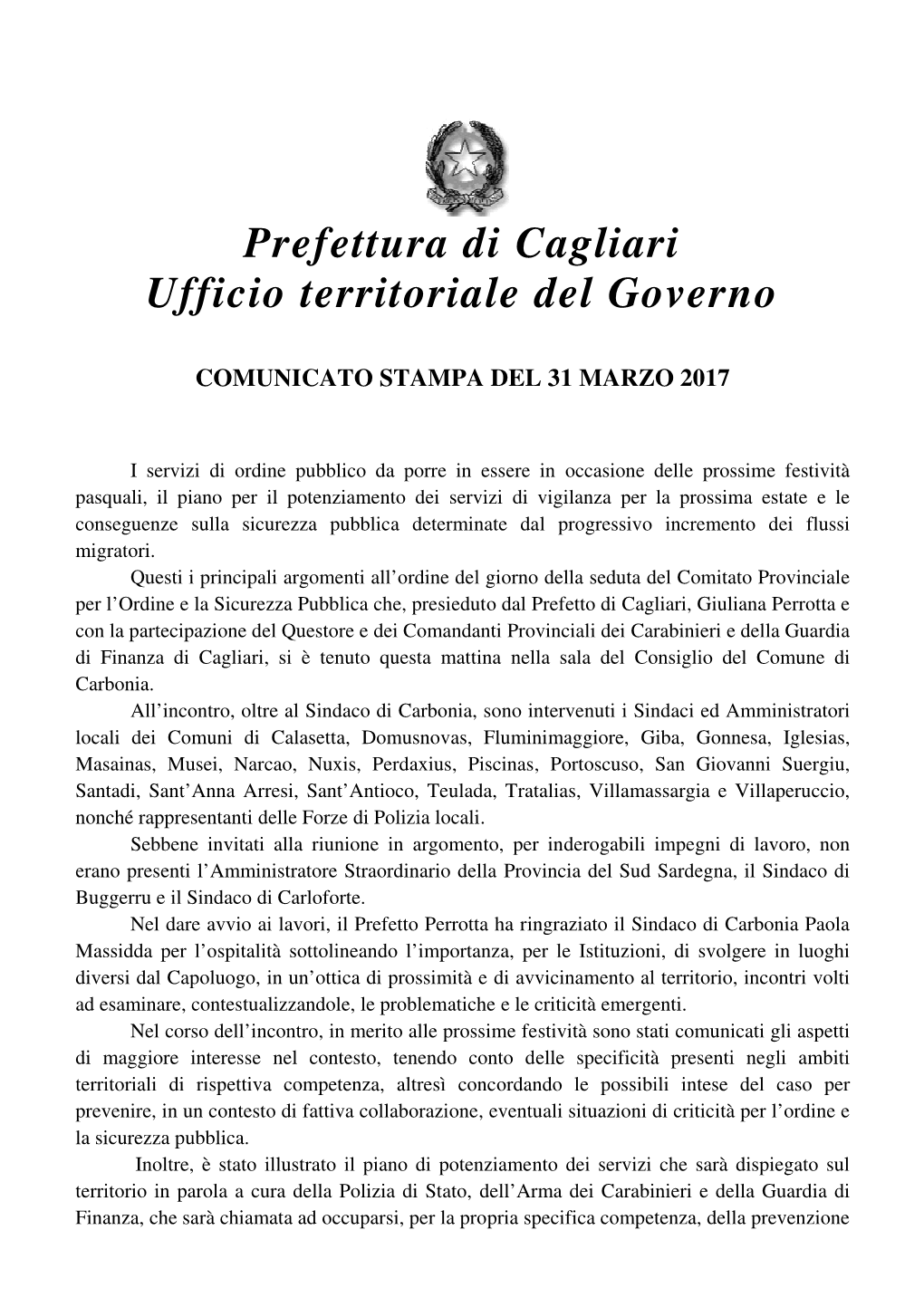 Prefettura Di Cagliari Ufficio Territoriale Del Governo