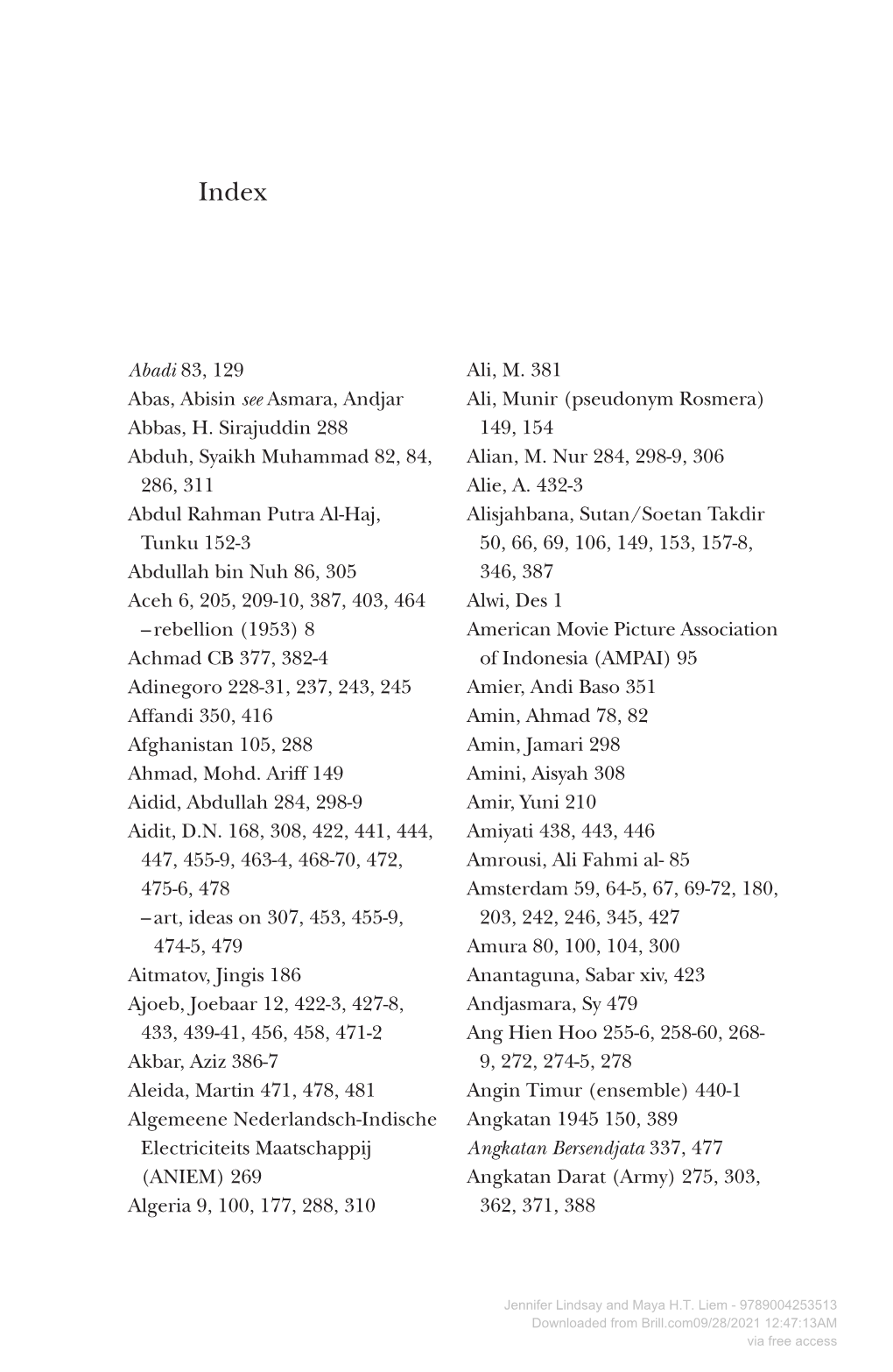 Abadi 83, 129 Abas, Abisin See Asmara, Andjar Abbas, H. Sirajuddin 288 Abduh, Syaikh Muhammad 82, 84, 286, 311 Abdul Rahman Putr