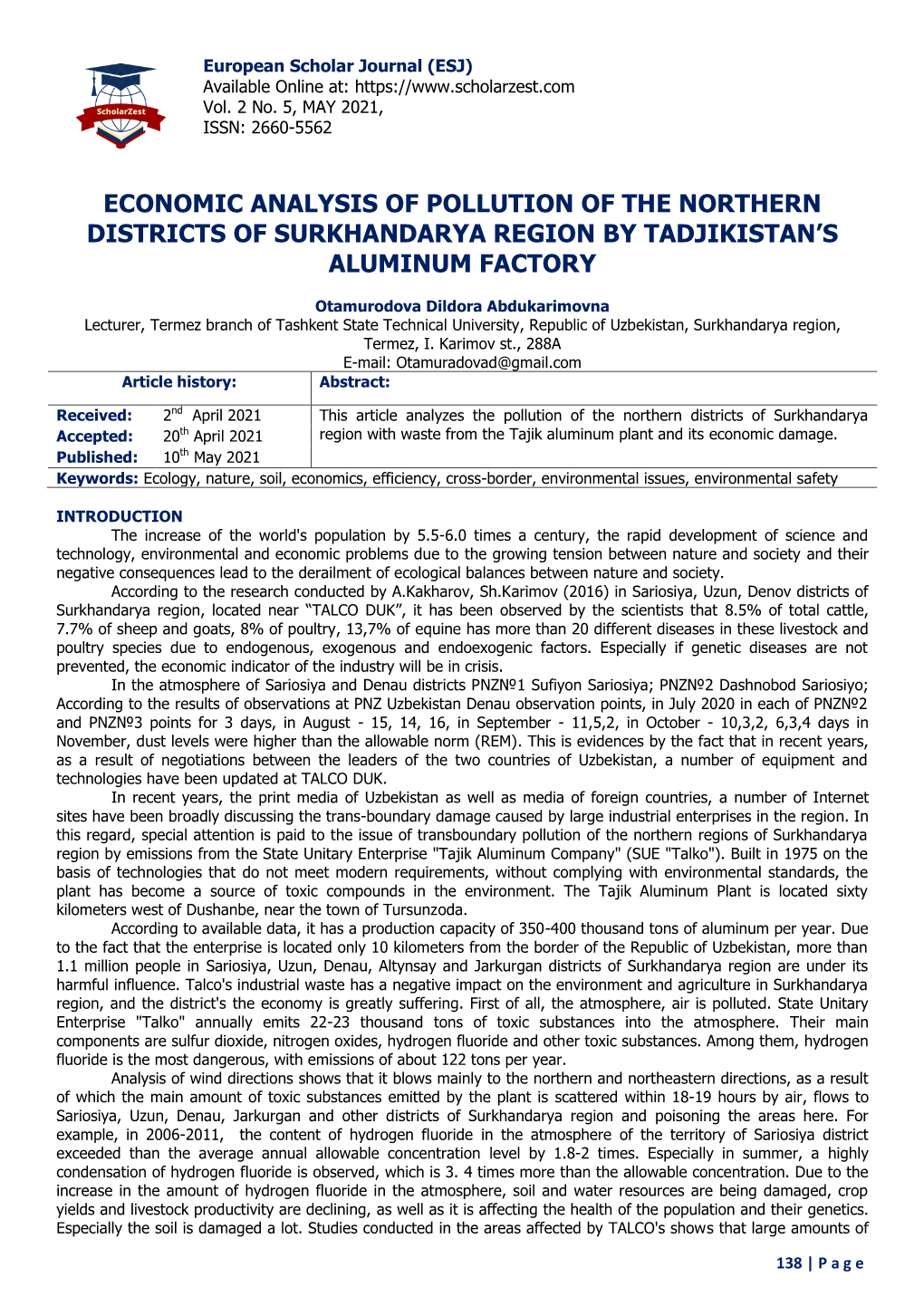 Economic Analysis of Pollution of the Northern Districts of Surkhandarya Region by Tadjikistan’S Aluminum Factory