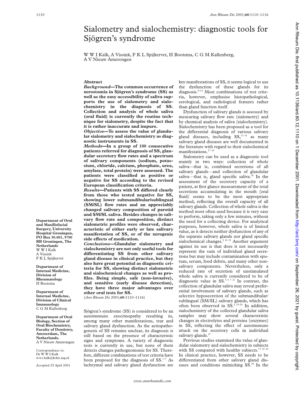 Sialometry and Sialochemistry: Diagnostic Tools for Sjögren's