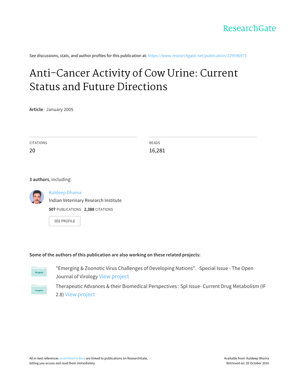 Anti-Cancer Activity of Cow Urine: Current Status and Future Directions