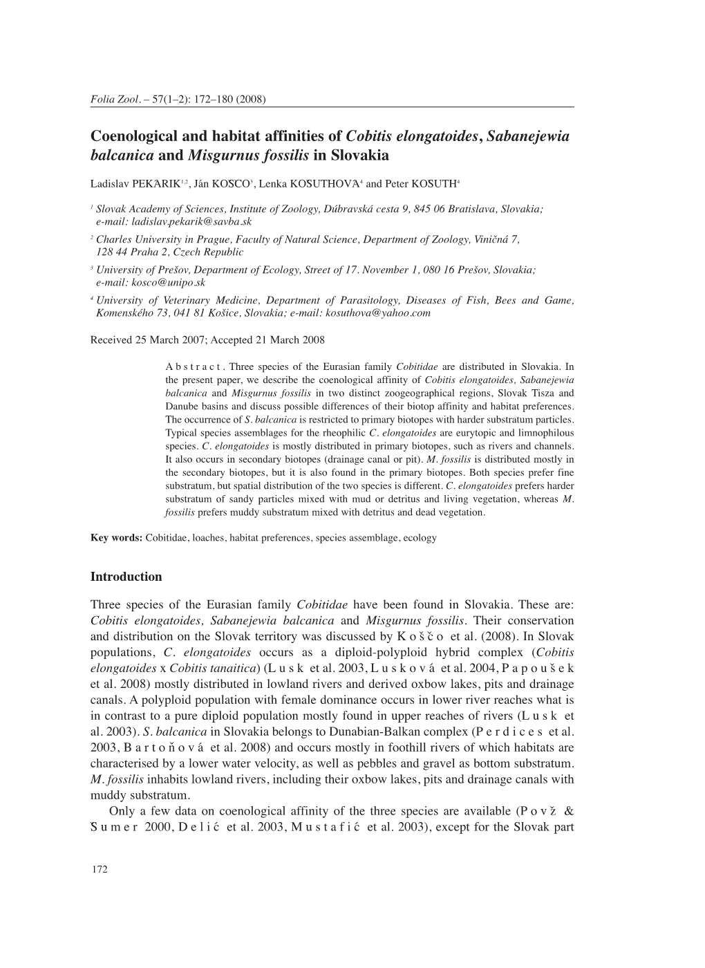 Coenological and Habitat Affinities of Cobitis Elongatoides, Sabanejewia Balcanica and Misgurnus Fossilis in Slovakia