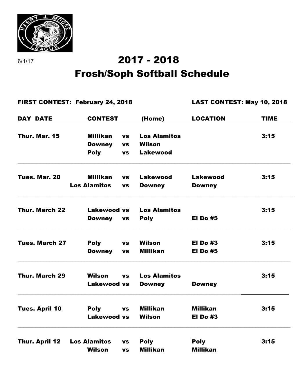 Frosh/Soph Softball Schedule