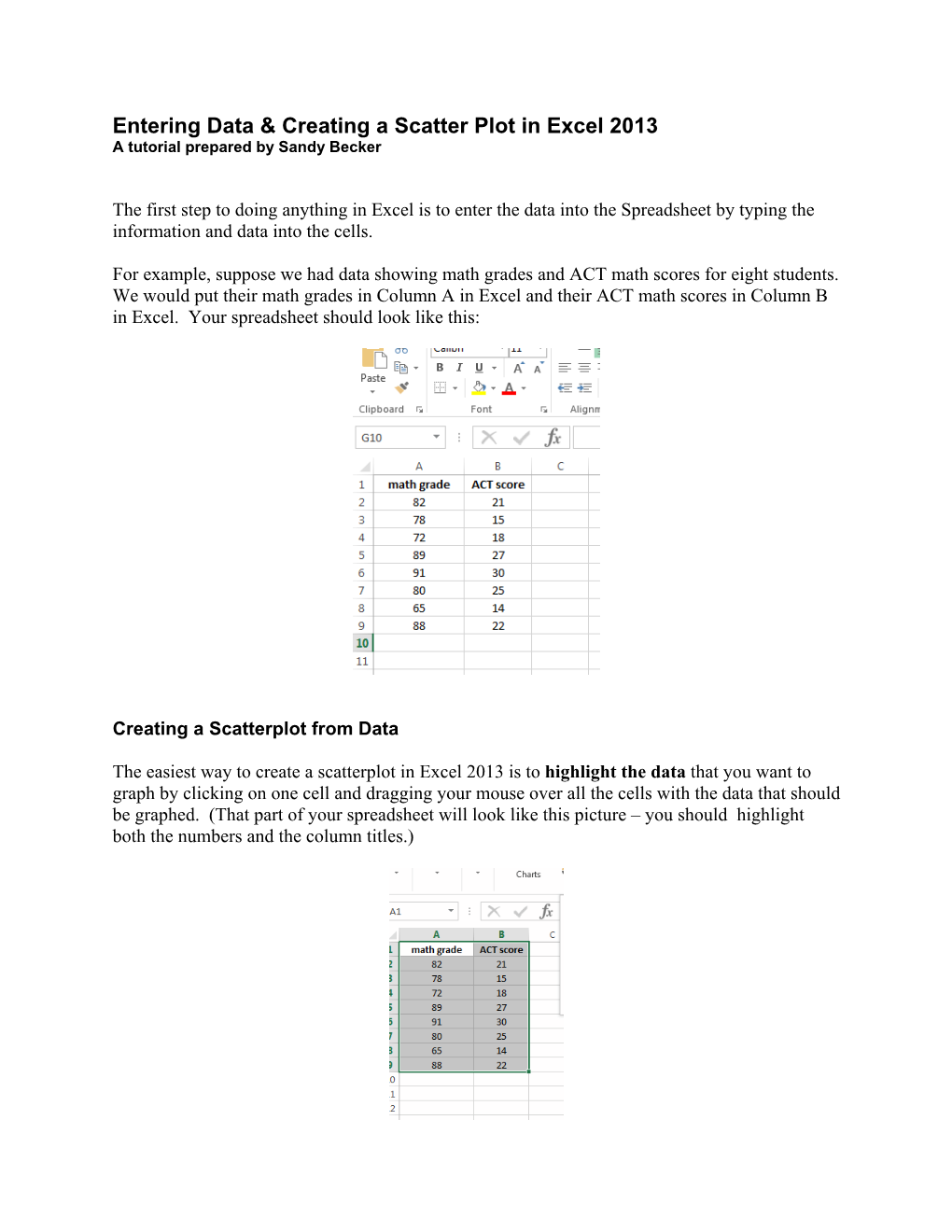 Entering Data & Creating a Scatter Plot in Excel 2013
