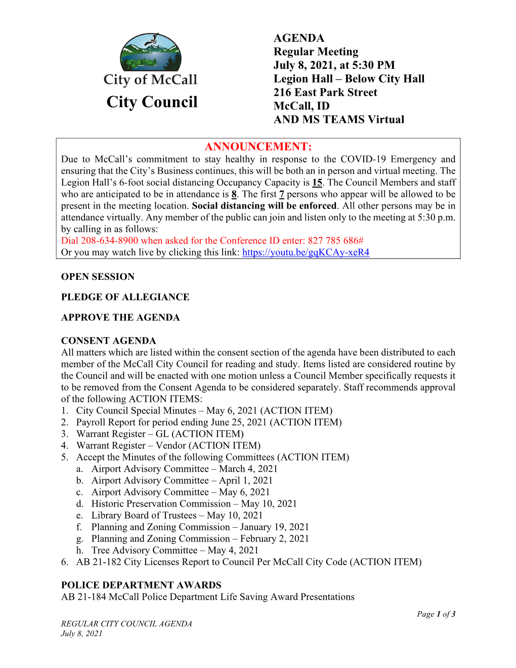 2021.07.08 Regular Council Meeting Packet W Agenda