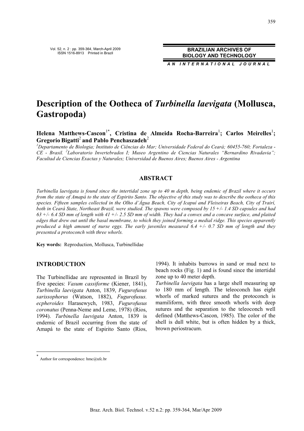 Description of the Ootheca of Turbinella Laevigata (Mollusca, Gastropoda)