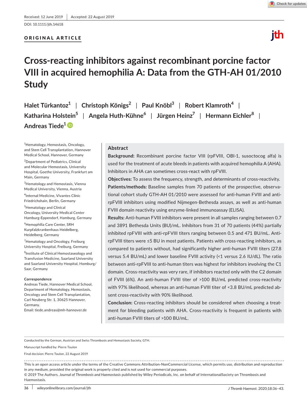 Cross‐Reacting Inhibitors Against Recombinant Porcine Factor VIII in Acquired Hemophilia A: Data from the GTH‐AH 01/2010 Study