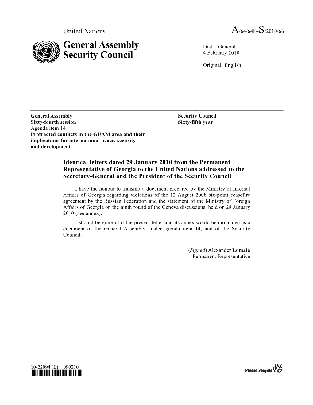 A/64/648–S/2010/66 General Assembly Security Council