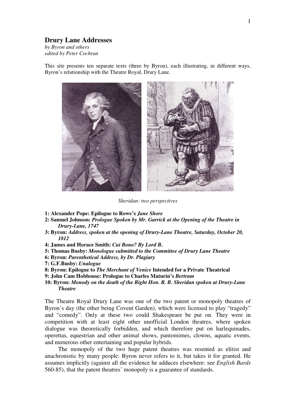 Drury Lane Addresses by Byron and Others Edited by Peter Cochran