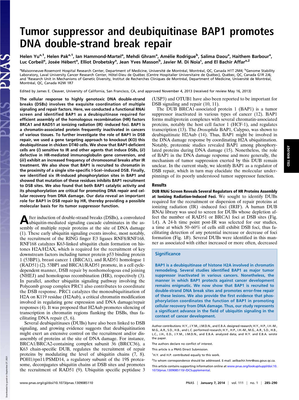 Tumor Suppressor and Deubiquitinase BAP1 Promotes DNA Double-Strand Break Repair